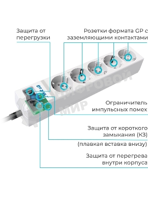 Сетевой фильтр Pilot SG 3 м, 5 розеток, белый, коробка
