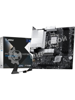Материнская плата MSI PRO B860M-P WIFI6E, LGA 1851, Intel B860, 4xDDR5 (до 256 ГБ), 4xSATA, 2xM.2 (1xPCIe 5.0, 1xPCIe 4.0), 1xPCIe 5.0 x16, 1xPCIe 4.0 x16, 1xVGA, 1xHDMI, 2xDP, 1x2.5Gb LAN, Wi-Fi 6E, Bluetooth 5.3, 3xUSB-A 5Gbps, 2xUSB-A 2.0, 3x3.5 мм, 7.1, чёрный, mATX