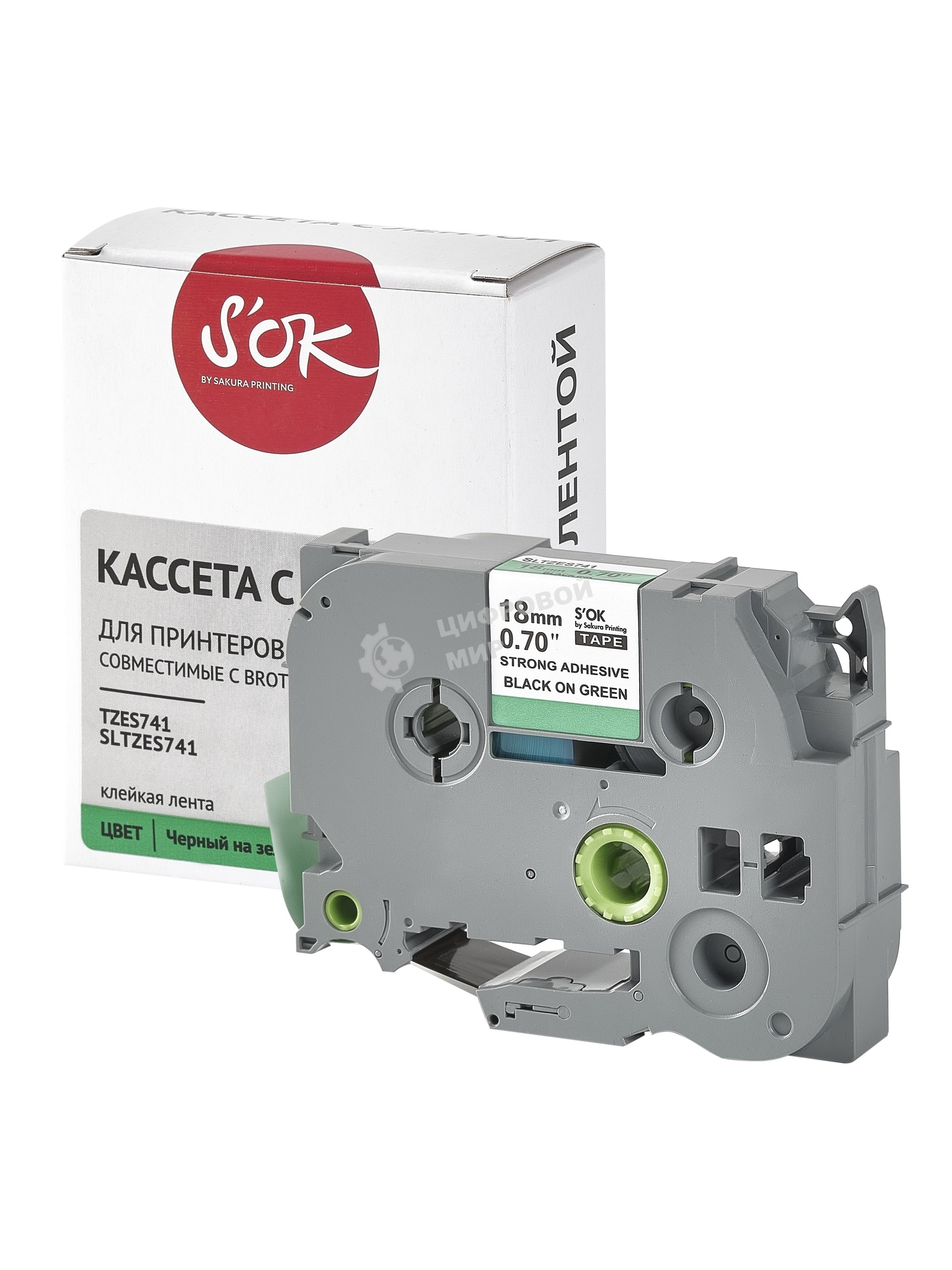 Кассета с лентой S'OK by Sakura Printing TZES741 для Brother, черный на зеленом, 18мм/8м, наклейка