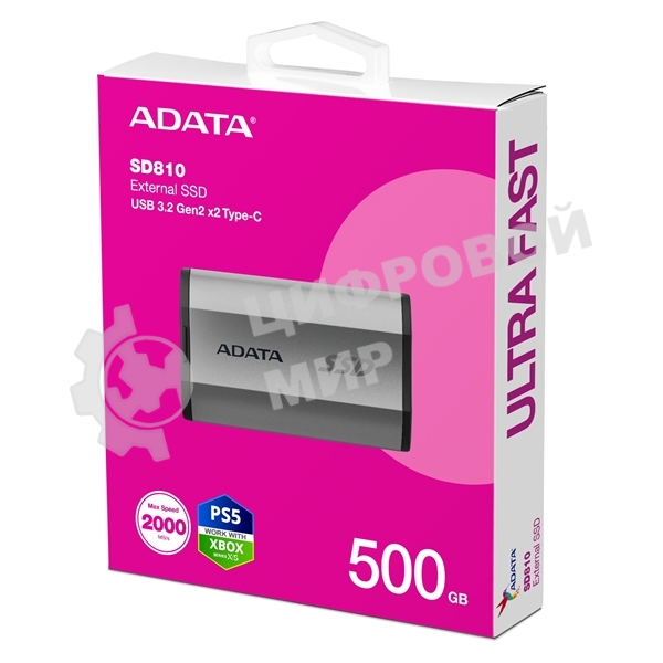 Внешний SSD ADATA SD810, 500 Gb, USB 3.2 Gen 2x2 Type-C, R/W 2000/2000, серебристый