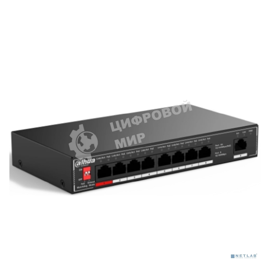 Коммутатор неуправляемый 9-портовый с РоЕ Dahua DH-SF1009P, 8xRJ45 100Mb PoE, 1xRJ45 100Mb uplink, суммарно 96Вт, коммутация 1.8 Гбит/с, MAC-таблица 2K, металл