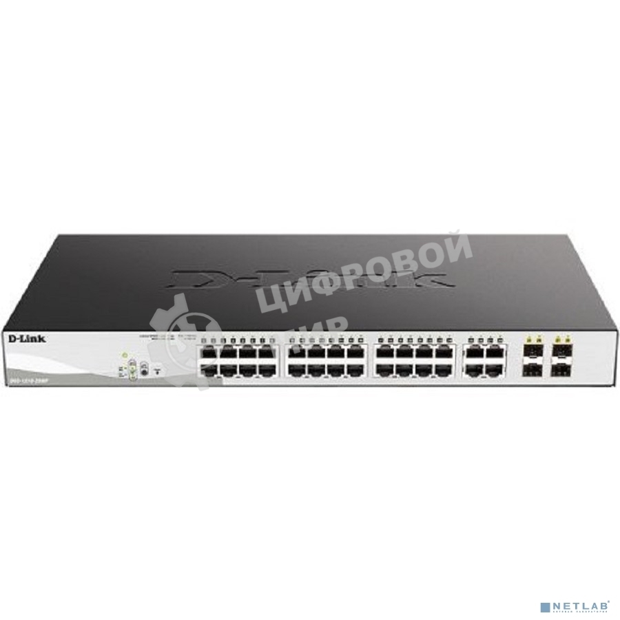 Коммутатор настраиваемый L2 D-Link DGS-1210-28MP/F4A с 24 портами 10/100/1000Base-T и 4 комбо-портами 100/1000Base-T/SFP (24 порта PoE 802.3af/at, PoE-бюджет 370 Вт)