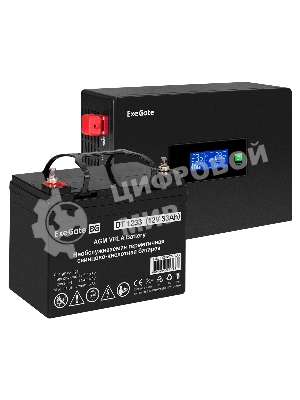 Комплект Источник бесперебойного питания EX295992RUS + батарея 33Aч EX282974RUS 1шт (инвертор, синус, для котла, PF=1, настенный) ExeGate IdealSine SR-600.LCD.2SH <600VA/600W, чистая синусоида, цветной LCD-дисплей, 2*Schuko, крепление настенное, черный> + батарея ExeGate DT 1233 (12В, 33А·ч) 1шт