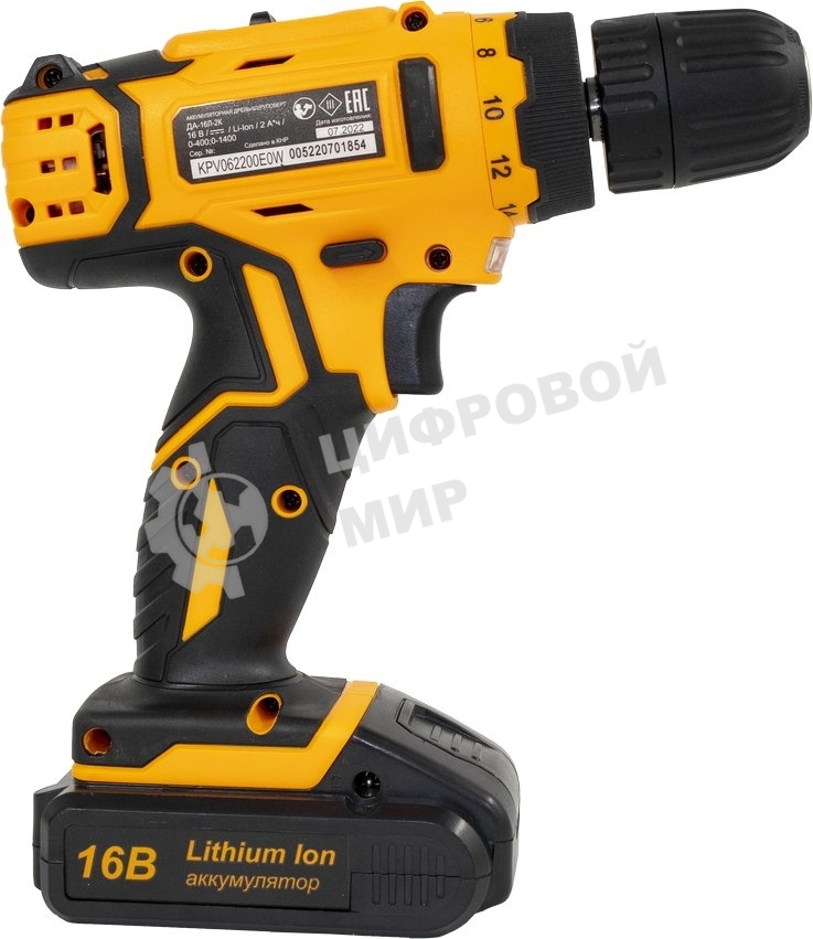 Дрель-шуруповерт аккумуляторная Вихрь ДА-16Л-2К 72/14/32, Аккумуляторная, 16В, 2 АКБ, Кейс