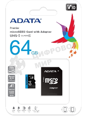 Флеш карта microSD 64Gb ADATA microSDHC Class 10 UHS-I A1 100/25 MB/s (SD адаптер)