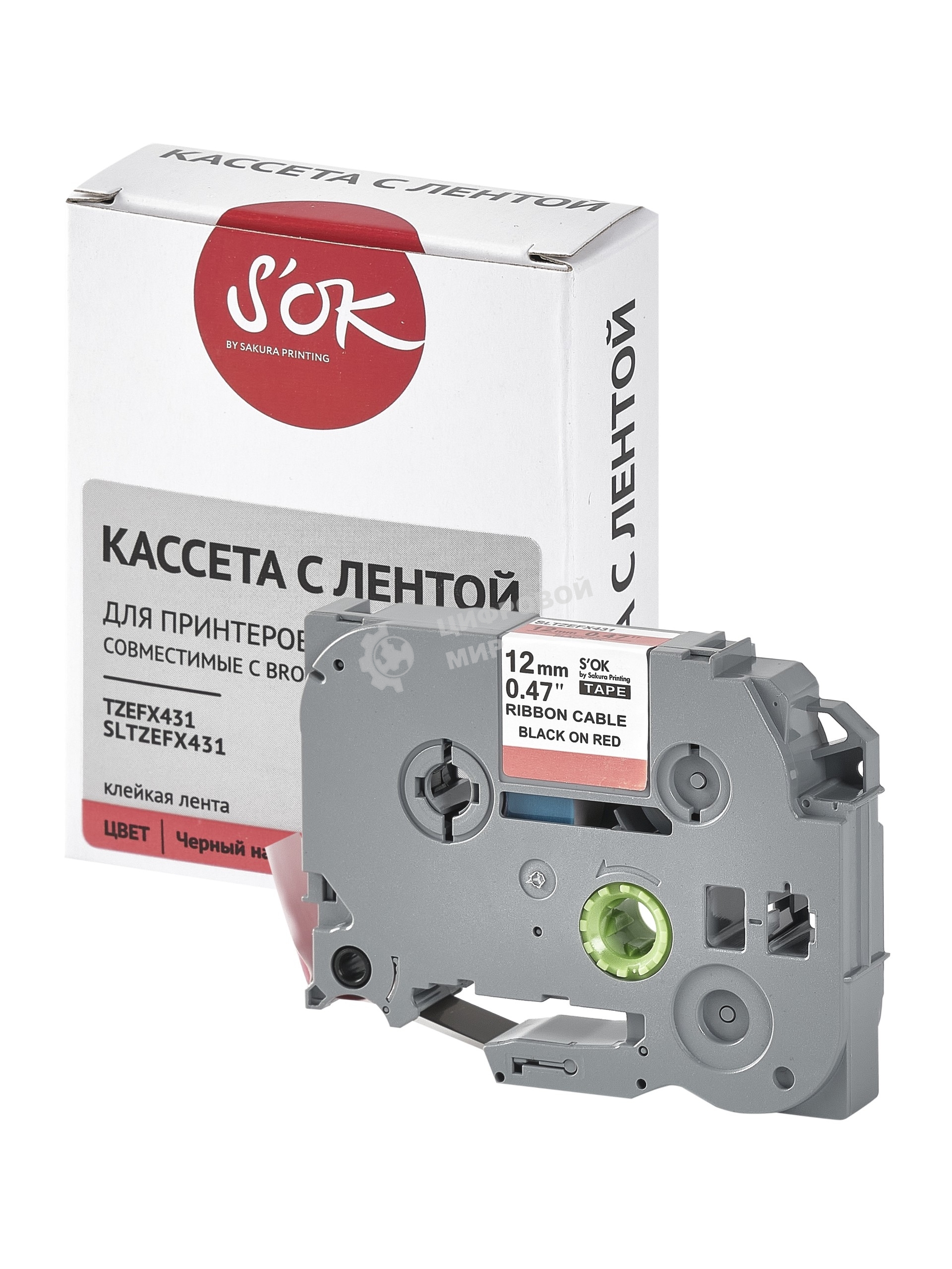 Кассета с лентой S'OK by Sakura Printing TZEFX431 для Brother, черный на красном, 12мм/8м, наклейка