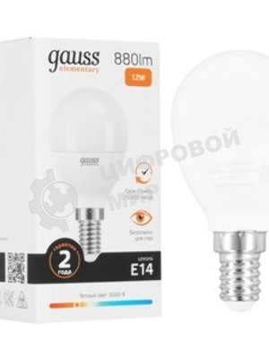 Лампа светодиодная Gauss Elementary 12Вт цок.: E14 шар 220B 3000K св. свеч. бел. теп. (упак.: 10 шт) (53112)
