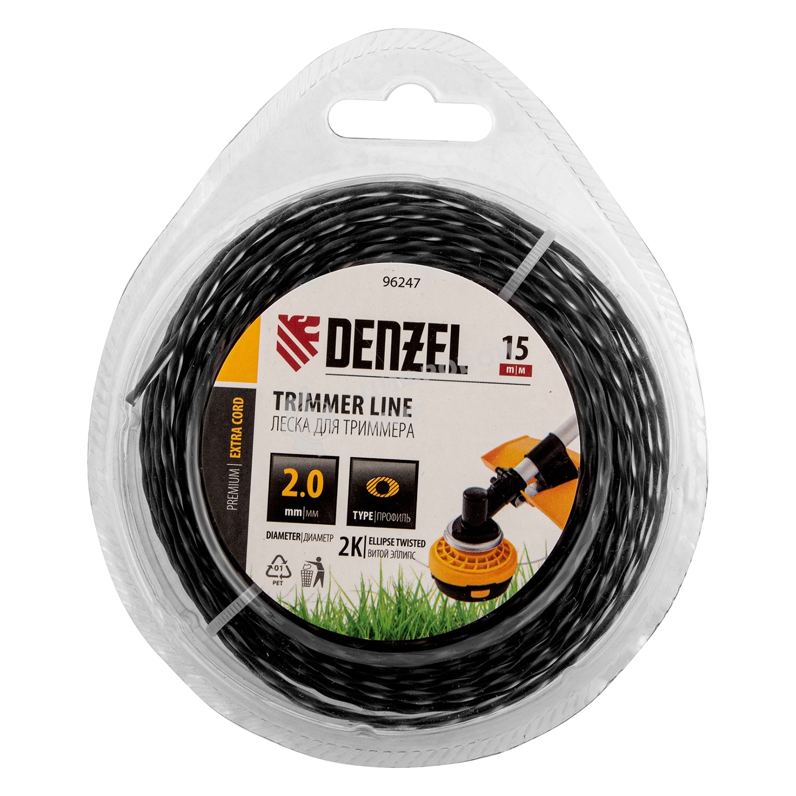 Леска для триммера Denzel двухкомпонентная эллипс, 2,0мм х 15м, блистер EXTRA CORD