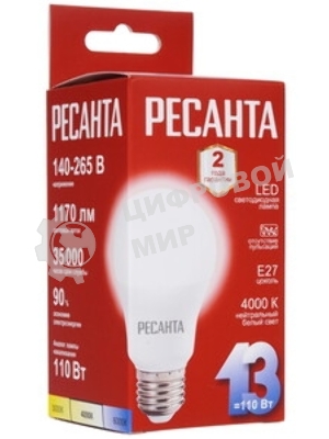 Лампа светодиодная Ресанта LL-R-A60-13W-230-4K-E27 груша, 13 Вт, нейтр., Е27