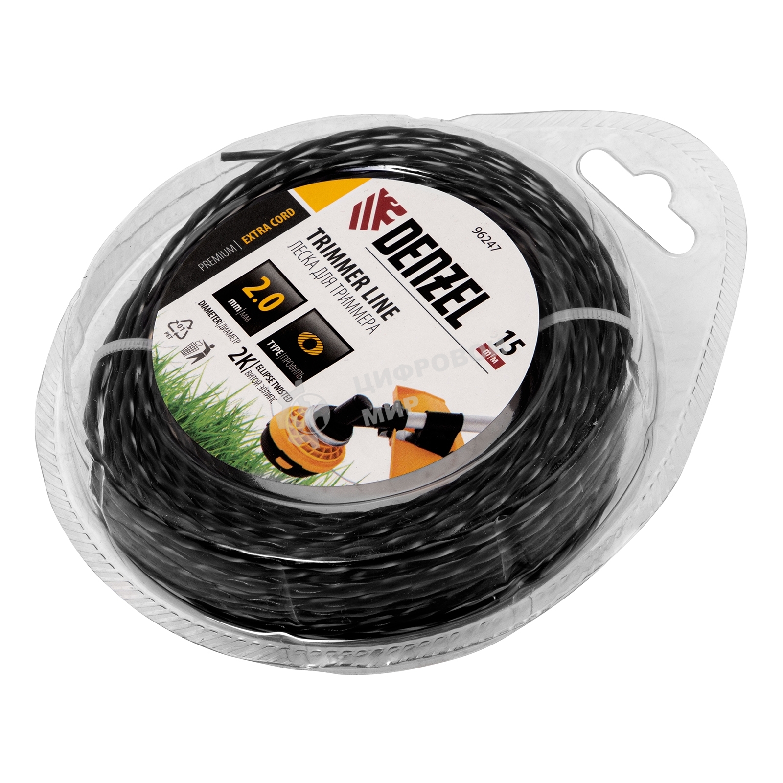 Леска для триммера Denzel двухкомпонентная эллипс, 2,0мм х 15м, блистер EXTRA CORD