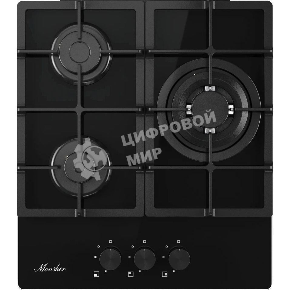 Варочная панель Monsher, газ, High-Tech, 45 см, автоматический электроподжиг, газ-контроль, форсунки под сжиженый газ, SABAF конфорки, чугунные решетки, черный