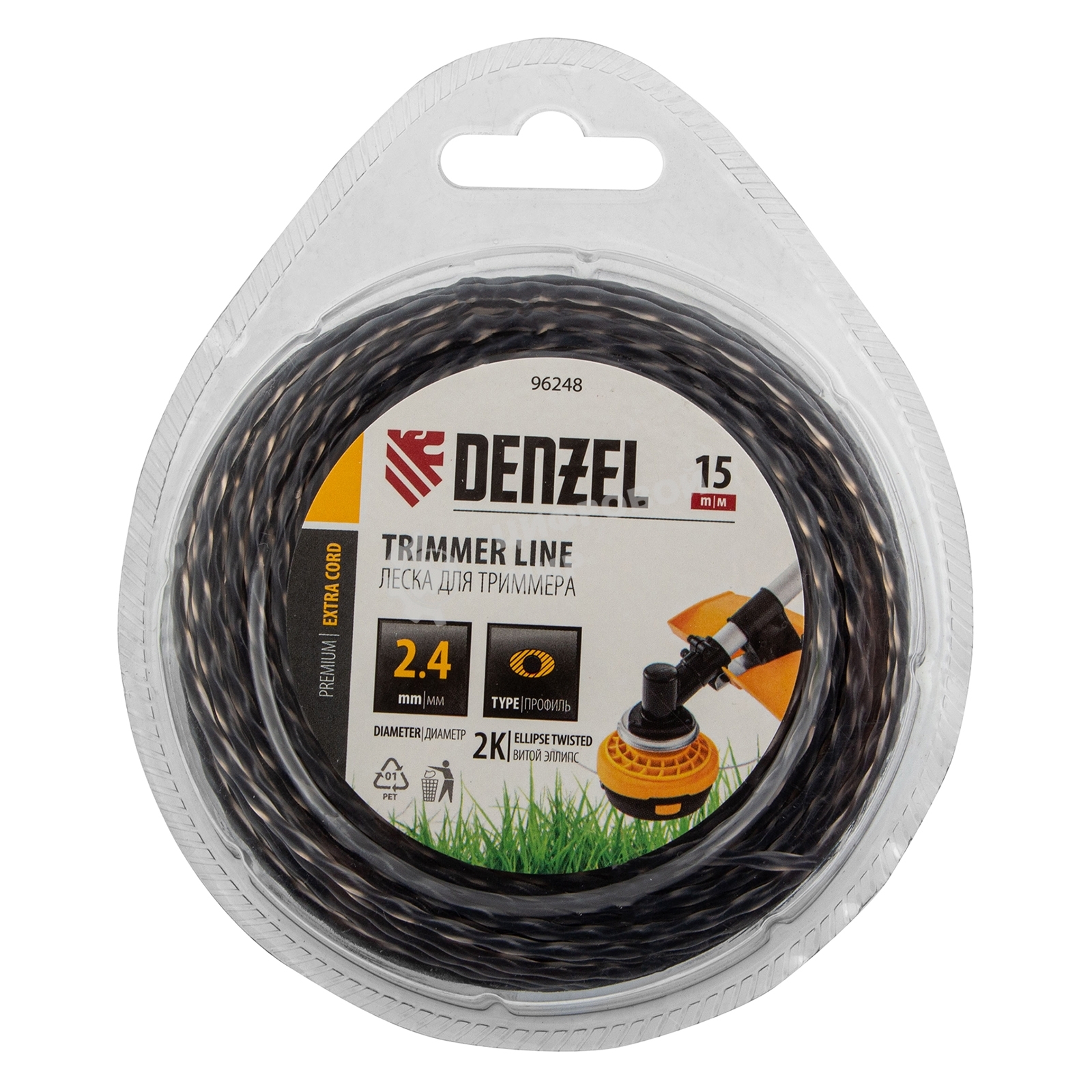 Леска для триммера Denzel двухкомпонентная эллипс 2,4мм х 15м, блистер EXTRA CORD