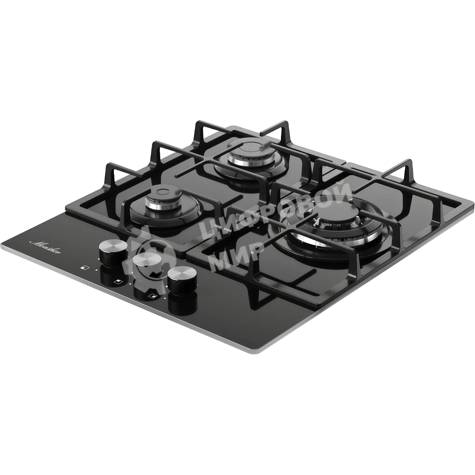 Варочная панель Monsher, газ, High-Tech, 45 см, автоматический электроподжиг, газ-контроль, форсунки под сжиженый газ, SABAF конфорки, чугунные решетки, черный
