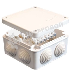 Коробка распределительная ОП 105х105х56 7 выходов 4 гермоввода с клемм. 10А 12 контактов IP54 крышка на винтах бел. Epplast 110043