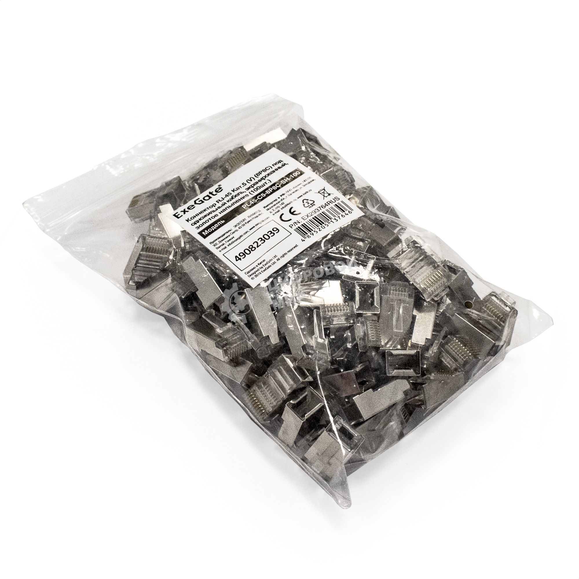 Коннектор ExeGate PL45-C5-8P8C-SH-100 RJ-45 cat.5e (8P8C) под одножильный кабель, экранированный, золотое напыление (100 шт)