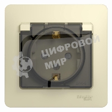 Розетка 1-м СП Glossa 16А с защ. крышкой защ. шторки с заземл. в сборе IP44 беж. SchE GSL000248