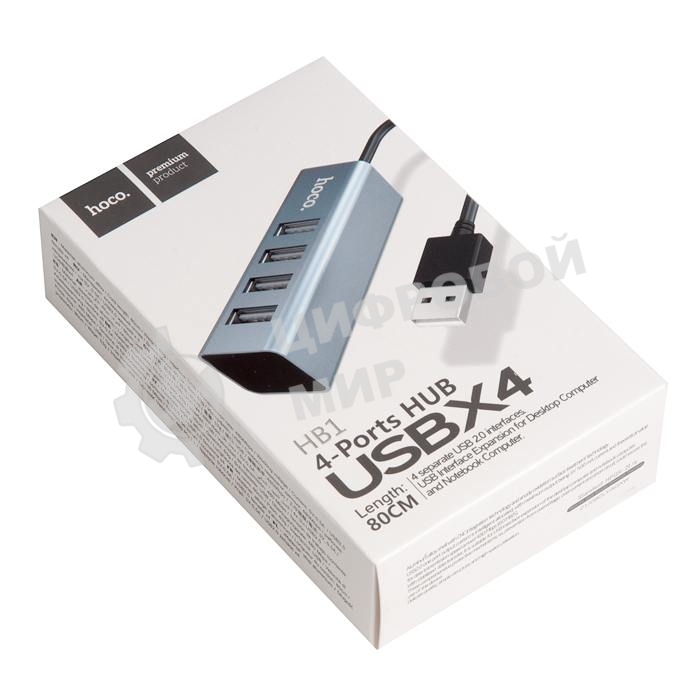 Переходник разветвитель Hoco HB1 USB - 4USB (USB 2.0 - 480 Мбит/с), 0.8 м, серый