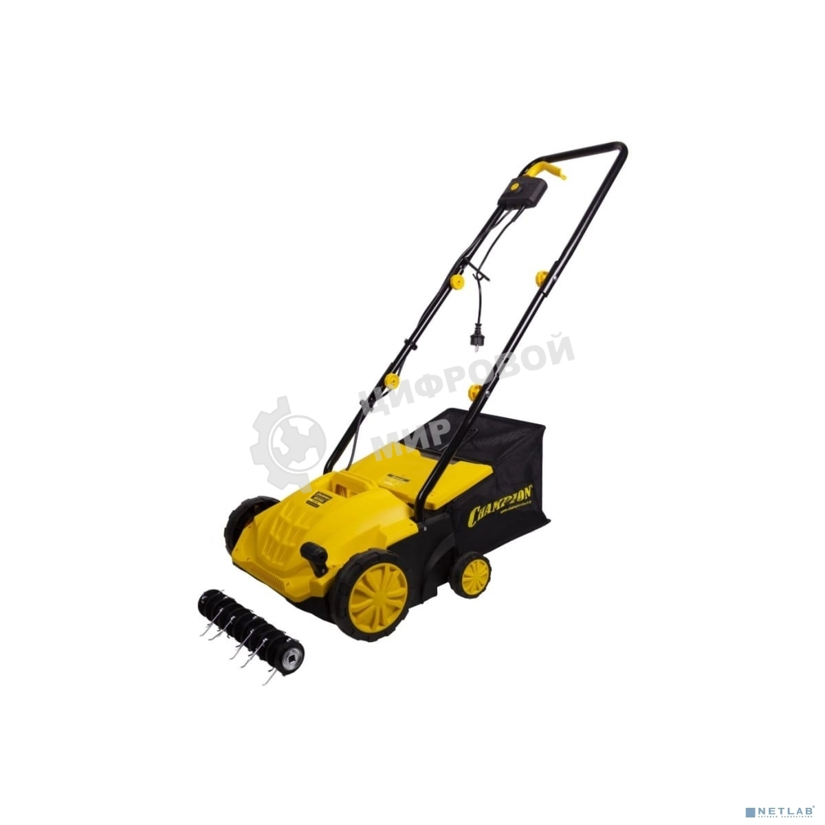 Скарификатор электрический Champion ESC1532 Мощность двигателя 1500 Вт, Напряжение сети 230,50 В, Гц, Вес c травосборником 9,3 кг, Ширина обработки 320 мм, Высота аэрации -4/0/+4/+12 мм, Высота скарификации -12/-8/-4/+4 мм, Тип/объем травосборника ткань/3