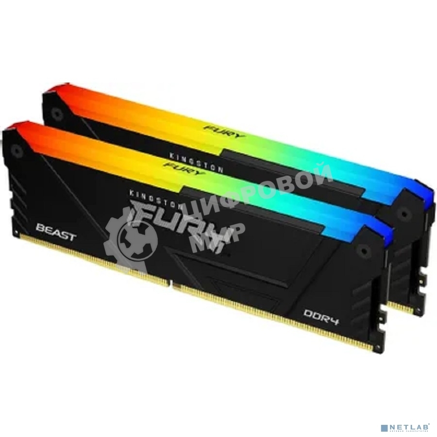 Оперативная память Kingston Fury Beast, DDR4, 32GB (2x16GB), 3200MHz, CL16, DIMM, с радиатором, RGB, черный