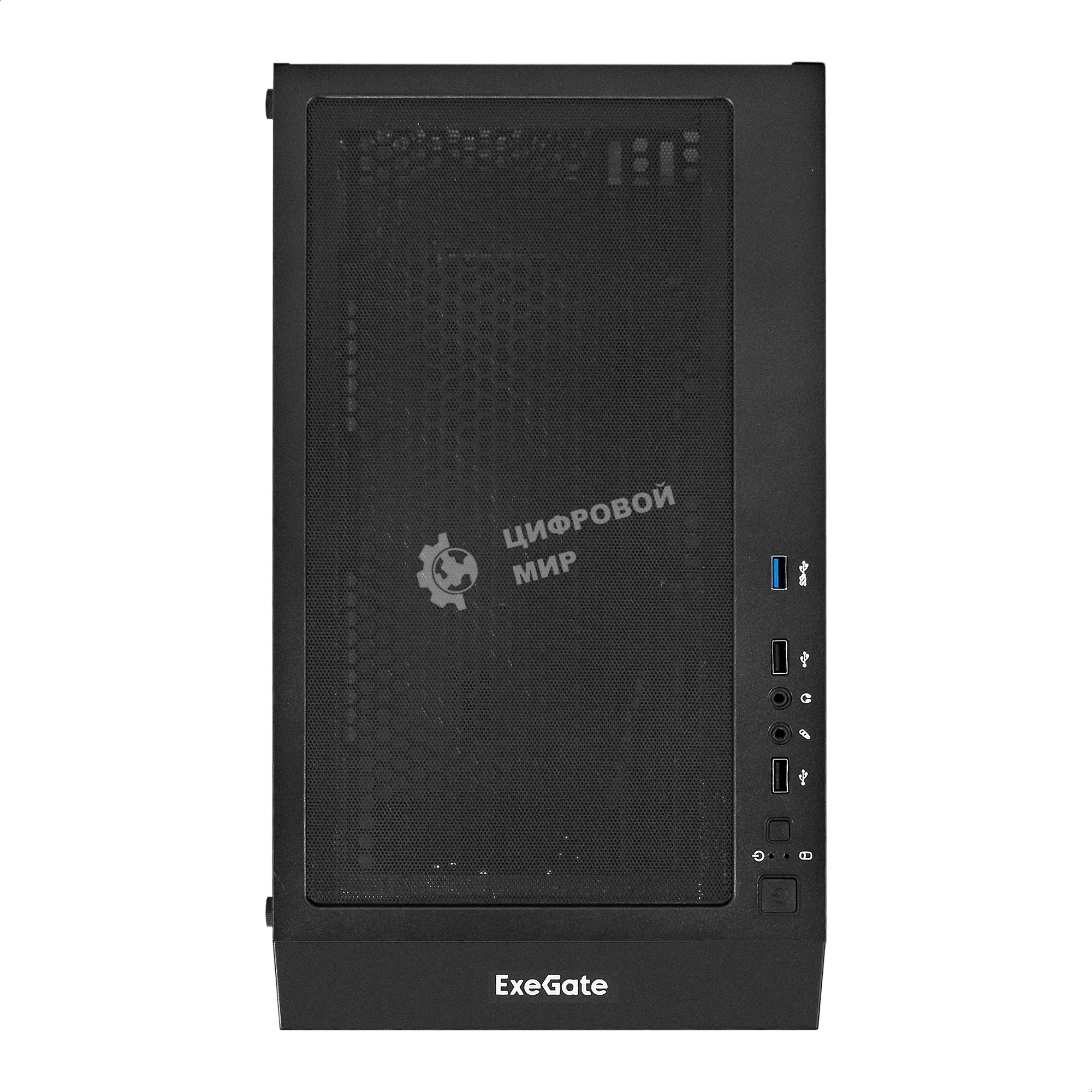 Компьютерный корпус Miditower ExeGate EVO-5001A (ATX, без БП, 2хUSB+1хUSB 3.0+HD Audio, черный, 3 вент.12см с RGb подсветкой, боковая панель - закаленное стекло)