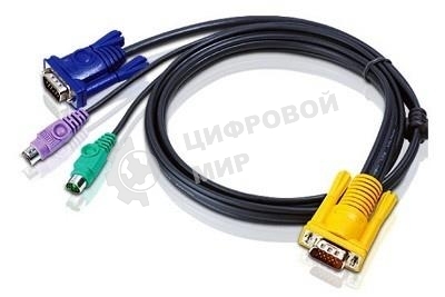 Шнур, мон+клав+мышь PS/2, SPHD15=>HD DB15+2x6MINI-DIN ATEN (2L-5202P) Male-3xMale, 8+6+6 проводов, опрессованный, 1.8 метр., черный