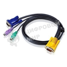 Шнур, мон+клав+мышь PS/2, SPHD15=>HD DB15+2x6MINI-DIN ATEN (2L-5202P) Male-3xMale, 8+6+6 проводов, опрессованный, 1.8 метр., черный