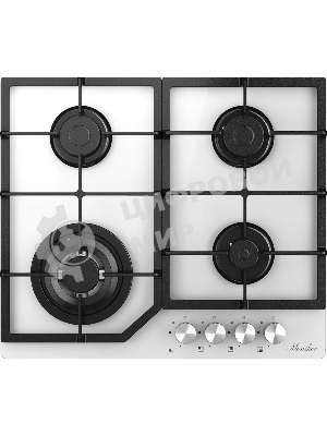 Варочная панель MONSHER MGG 63 Blanc, газ, High-Tech, 59 см, автоматический электроподжиг, газ-контроль, форсунки под сжиженый газ, SABAF конфорки, чугунные решетки, белый