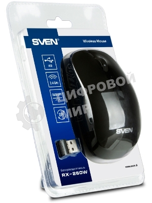 Мышь беспроводная SVEN RX-260W черный, 1600 dpi, радиоканал, USB, кнопки - 4