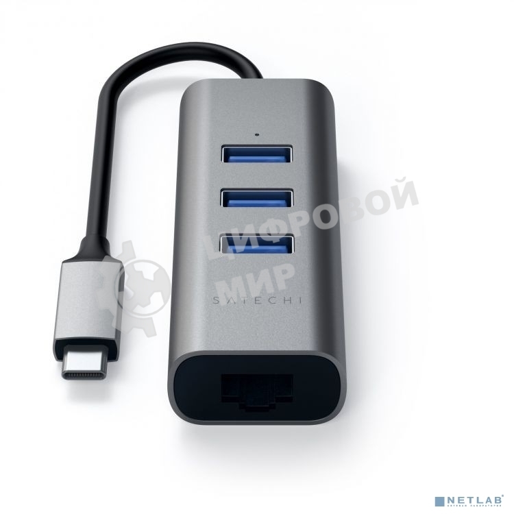 USB-концентратор Satechi Type-C 2-in-1 USB 3.0 Aluminum 3 Port Hub and Ethernet Port. Интерфейс Type-C. серый космос.