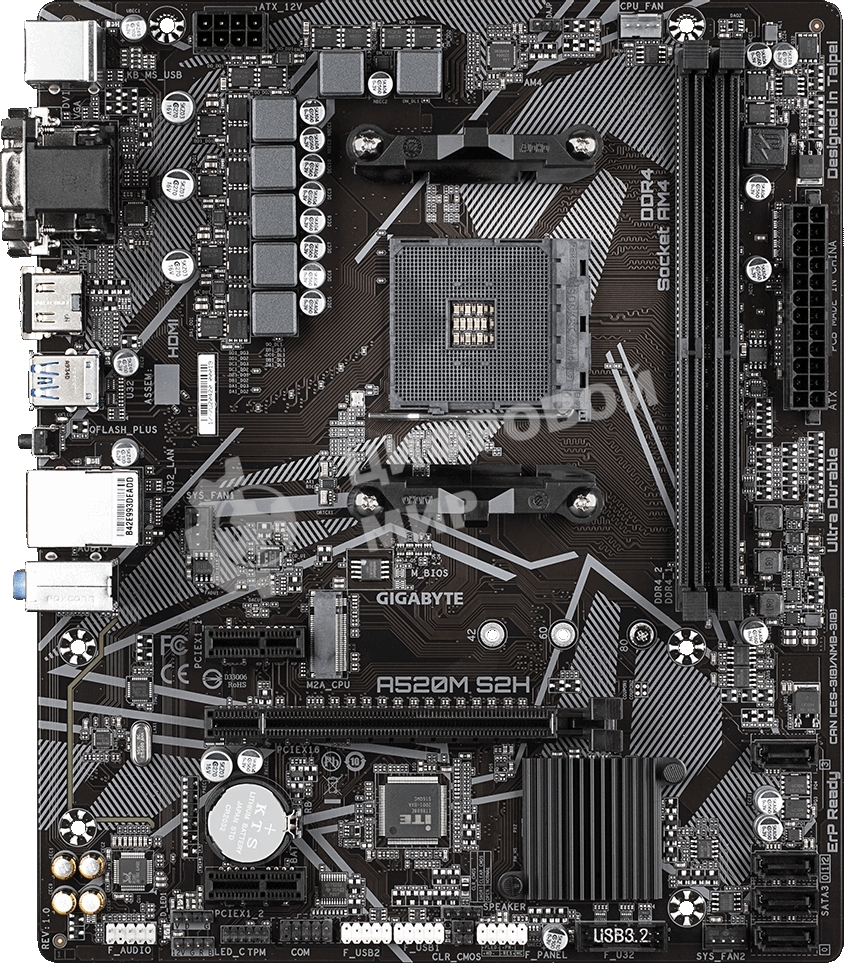 Материнская плата Gigabyte A520M S2H, AM4, AMD A520, 2xDDR4, 4xSATA, 1xM.2, 1xPCIe 3.0 x16, 2xPCIe x1, 1xHDMI, 1xDVI-D, 1xVGA, 1x 1Gb LAN, 4xUSB-A 3.2 Gen 1, 2xUSB-A 2.0, 3x3.5 мм, 7.1, mATX