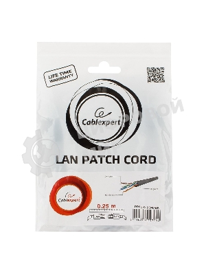 Патч-корд UTP Cablexpert PP6U-0.25M/BK cat.6, 0.25м, литой, многожильный, черный