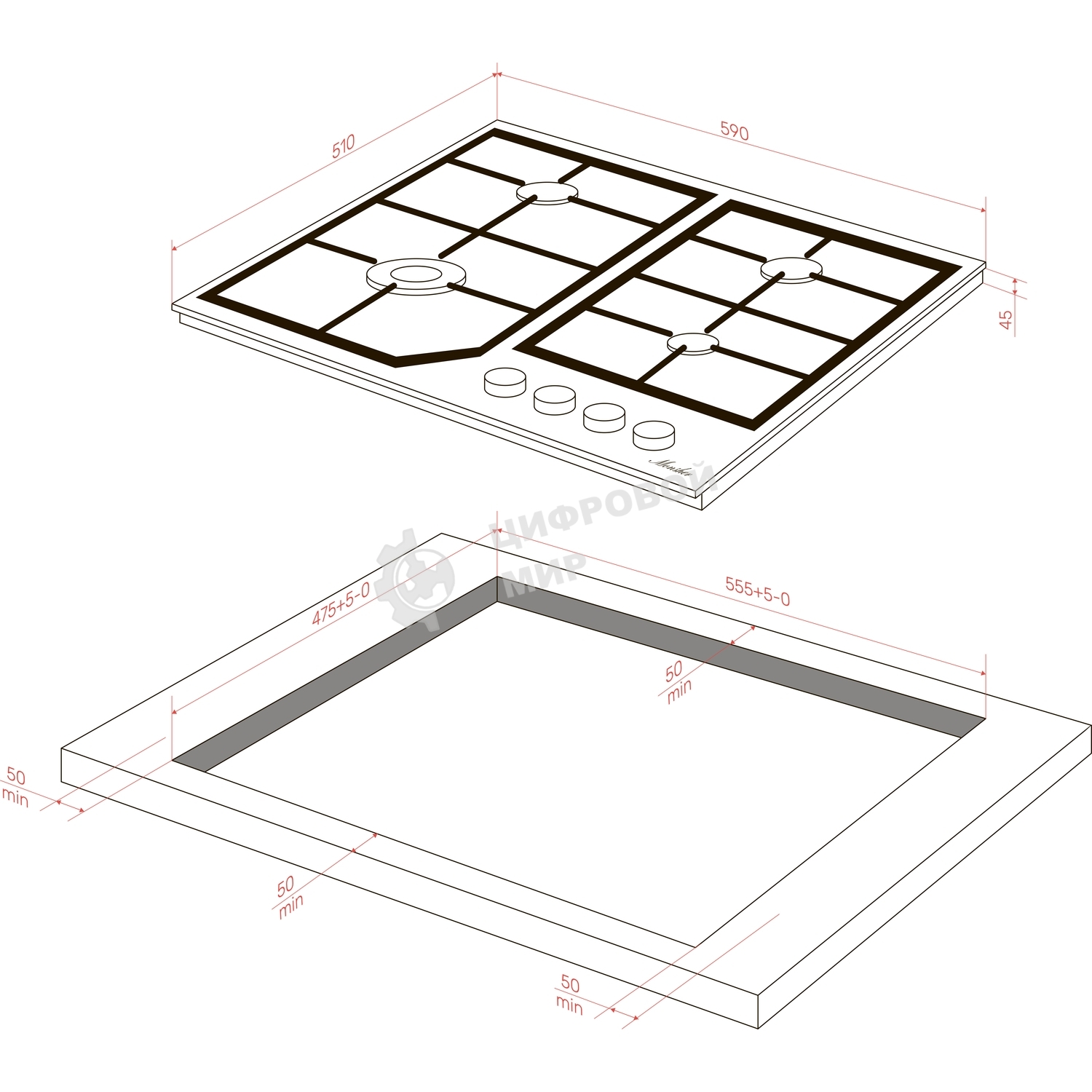 Варочная панель MONSHER MGG 63 Blanc, газ, High-Tech, 59 см, автоматический электроподжиг, газ-контроль, форсунки под сжиженый газ, SABAF конфорки, чугунные решетки, белый