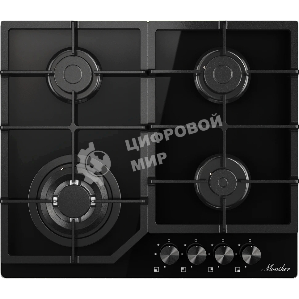 Варочная поверхность MONSHER/ Варочная поверхность MONSHER, газ, High-Tech, 59 см, автоматический электроподжиг, газ-контроль, форсунки под сжиженый газ, SABAF конфорки, чугунные решетки, черный