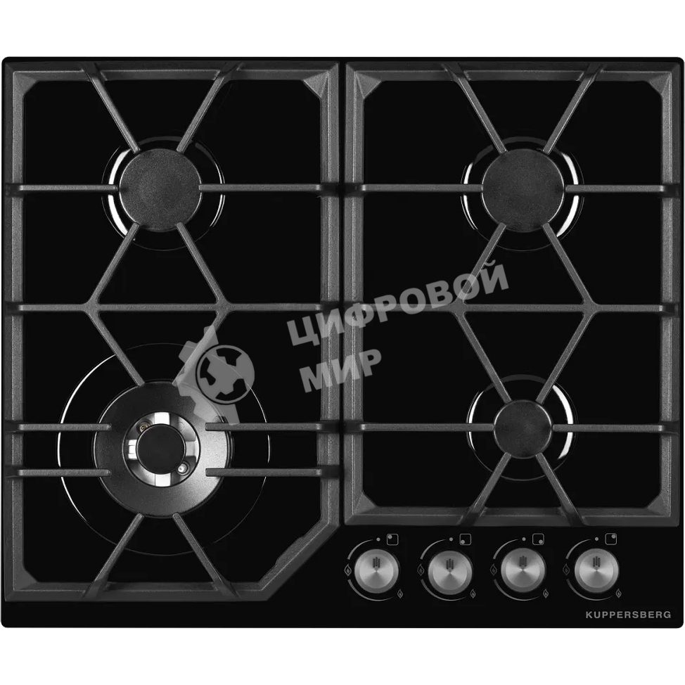 Газовая варочная панель Kuppersberg FG 62 B Газовая варочная панель, закаленное стекло, ширина 60 см, 4 газовые конфорки, WOK конфорка(3,8 кВт), автоподжиг, газ-контроль, чугунные решетки, черный