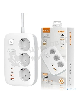 Сетевой удлинитель LDNIO SE3436/ 2м/ 3 розетки/ 3250W/ 4 USB: QC 4.0+PD 3.0+PPS/ GAN 65W/ белый
