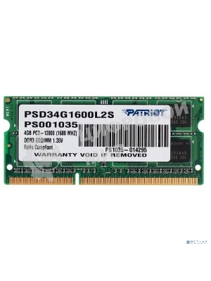 Оперативная память Patriot, DDR3L, 4GB (1x4 GB), 1600 MHz, CL11, SO-DIMM