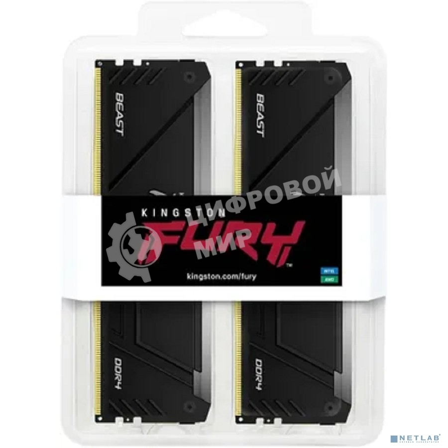 Оперативная память Kingston Fury Beast, DDR4, 32GB (2x16GB), 3200MHz, CL16, DIMM, с радиатором, RGB, черный