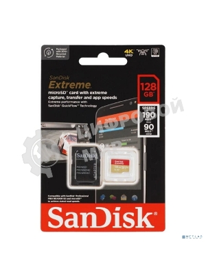 Флеш карта microSDXC 128GB SanDisk EXTREME Class 10, UHS-I, W90, R 190 МБ/с, SDSQXAA-128G-GN6MA адаптер на SD
