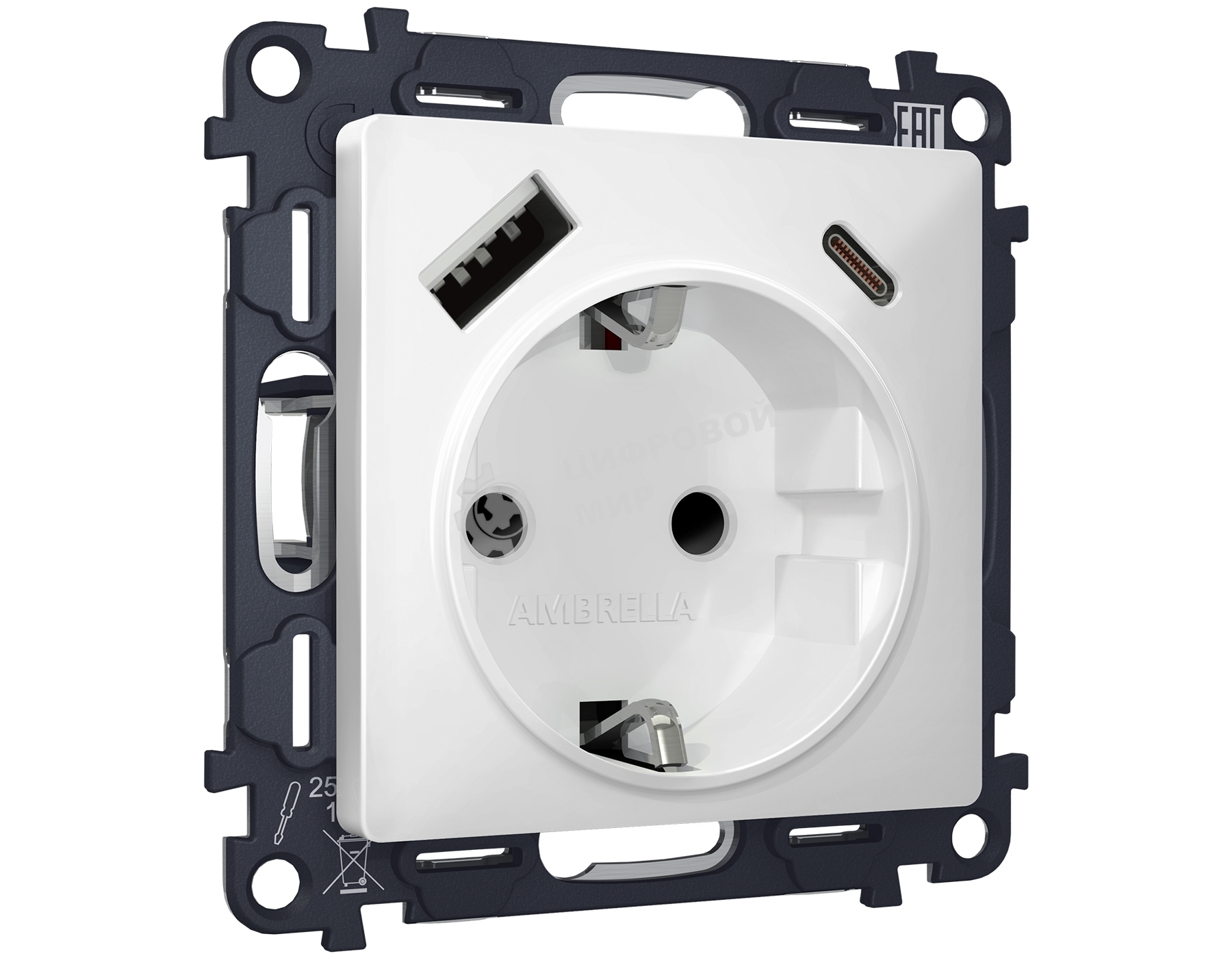 Комплект механизма электрической розетки ALFA Белый матовый 2USB A+C 20W (быстрая зарядка) с/з QUANT (AP1300, VM160) MA130010