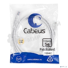 Шнур комм. Cabeus, кат. 5е, неэкр., U/UTP, RJ45/RJ45, PVC, AWG24, 1.5м, белый