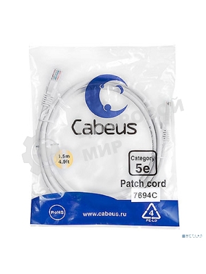 Шнур комм. Cabeus, кат. 5е, неэкр., U/UTP, RJ45/RJ45, PVC, AWG24, 1.5м, белый