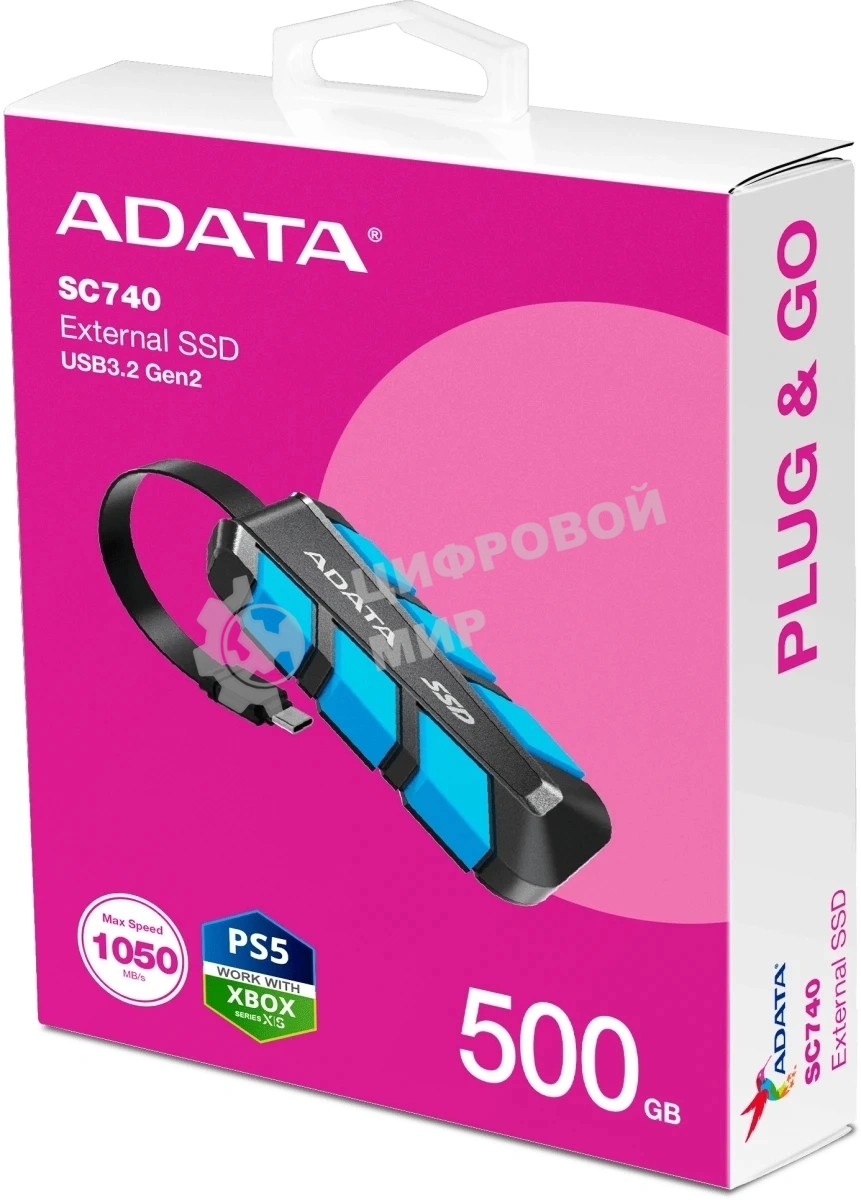 Внешний SSD ADATA SC740, 500 Gb, USB 3.2 Gen 2 Type-C, R/W 1050/1000, синий