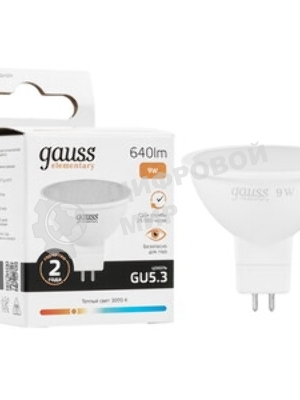Лампа светодиодная Gauss Elementary MR16 9Вт цок.: GU5.3 спот 220B 2700K св. свеч. бел. теп. MR16 (упак.: 10 шт)