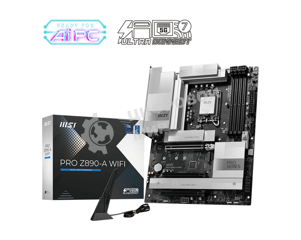 Материнская плата MSI PRO Z890-A WIFI, LGA 1851, Intel Z890, 4xDDR5, 4xSATA, 4xM.2, 1xPCIe 5.0 x16, 2xPCIe 4.0 x4, 1xHDMI, 2xUSB-C Thunderbolt 4, 1xUSB-C 3.2 Gen 2, 3xUSB-A 3.2 Gen 2, 4xUSB-A 3.2 Gen 1, 1x 5Gb LAN, 2x3.5 мм, 7.1, ATX