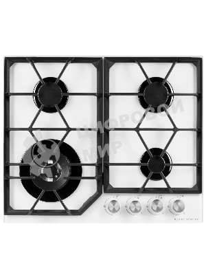 Газовая варочная панель Kuppersberg FG 62 W Газовая варочная панель, закаленное стекло, ширина 60 см, 4 газовые конфорки, WOK конфорка(3,8 кВт), автоподжиг, газ-контроль, чугунные решетки, белый