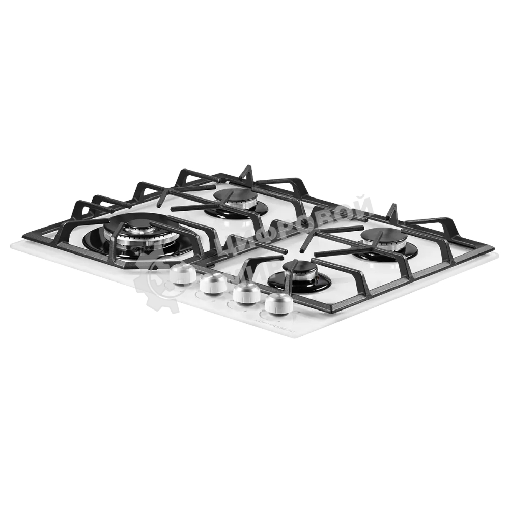 Газовая варочная панель Kuppersberg FG 62 W Газовая варочная панель, закаленное стекло, ширина 60 см, 4 газовые конфорки, WOK конфорка(3,8 кВт), автоподжиг, газ-контроль, чугунные решетки, белый