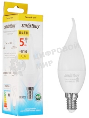 Светодиодная (LED) свеча Smartbuy SBL-C37Tip-05-30K-E14 на ветру матовая 05W/3000/E14