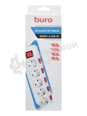 Сетевой фильтр Buro 500SH-3-SW-W 3 м, 5 розеток, белый, коробка