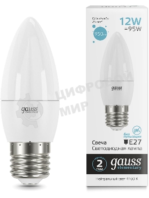 Лампа светодиодная Gauss Elementary 30222 12Вт цок.: E27 свеча 220B 4100K св. свеч. белый нейт. (упак.: 10 шт)