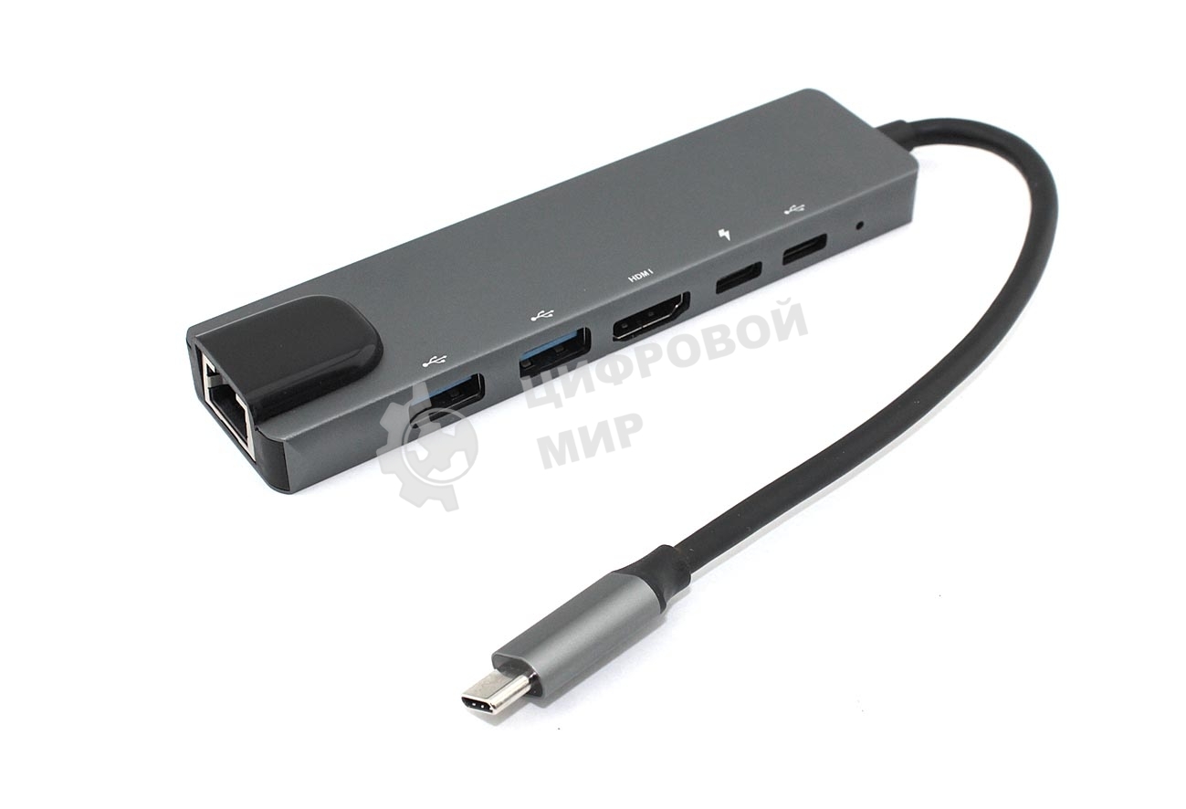Адаптер Type-C на HDMI, USB 3.0*2 + RJ45 + Type-C*2, серый